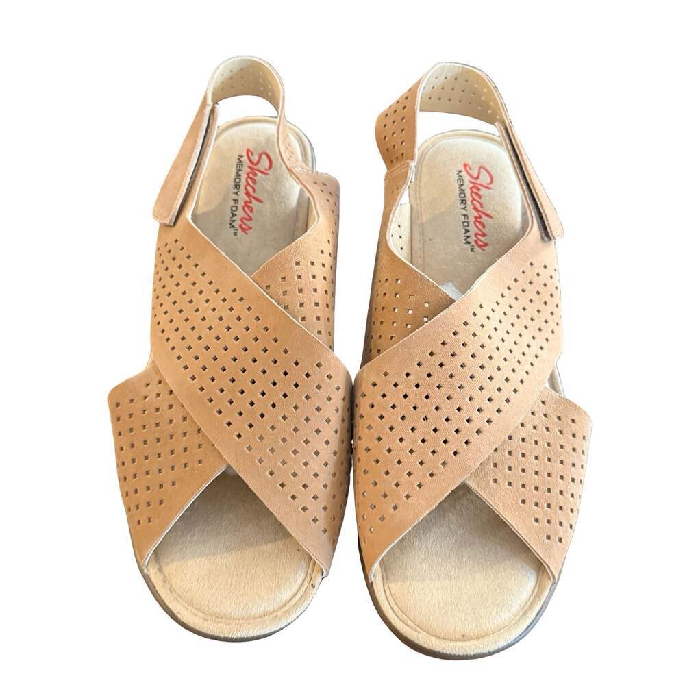 Skechers Memory Foam Perforated Suede Slingback Wedge Sandals 9.5